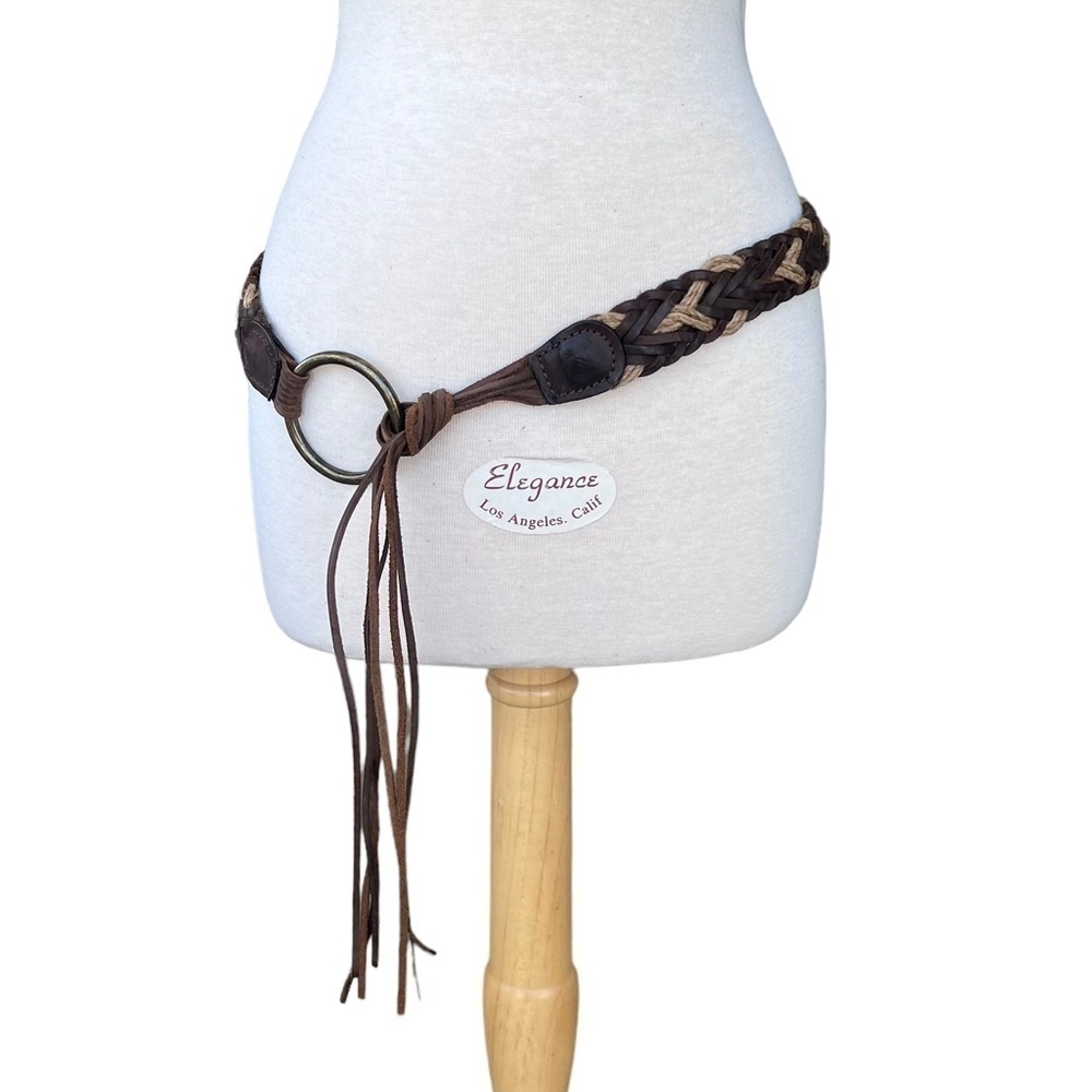 Braided Brown Leather Tie-Belt with Metal Ring